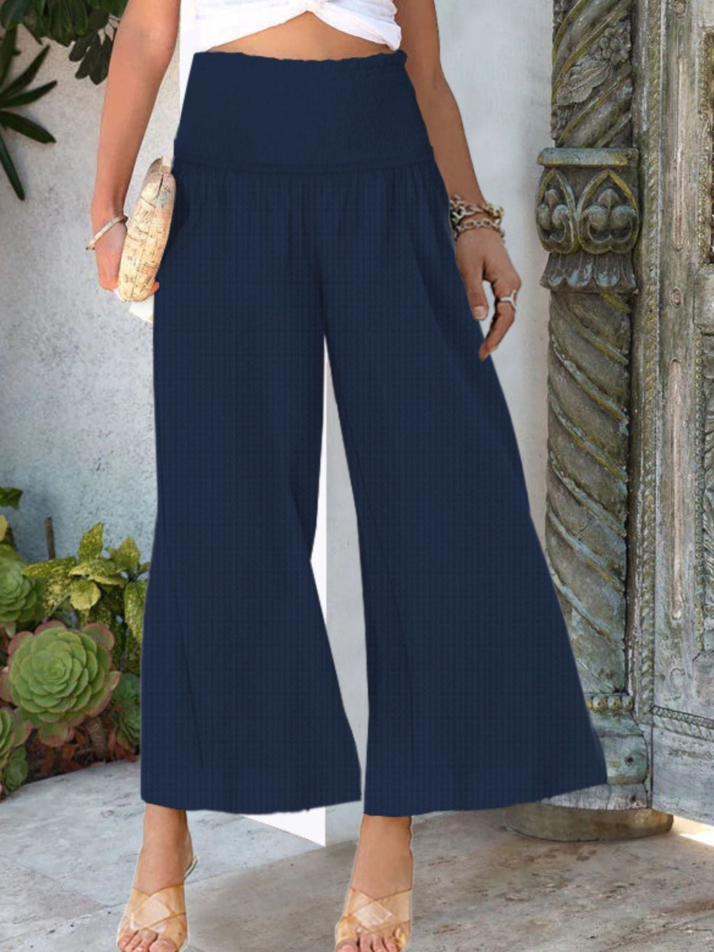 Wide-Leg Smocked Waist Pants