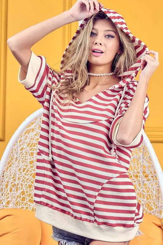 BiBi Stripe Fleece Notch Neck Short Sleeve Hoodie
