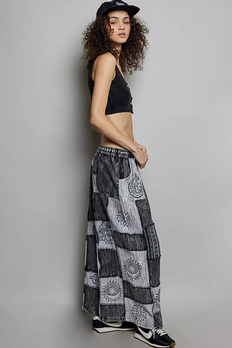 POL Drawstring Patchwork Wide Leg Pants