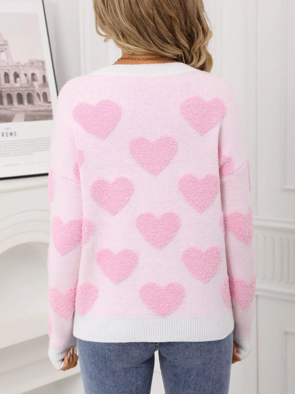 Valentine's Day Heart Pattern Round Neck Sweater