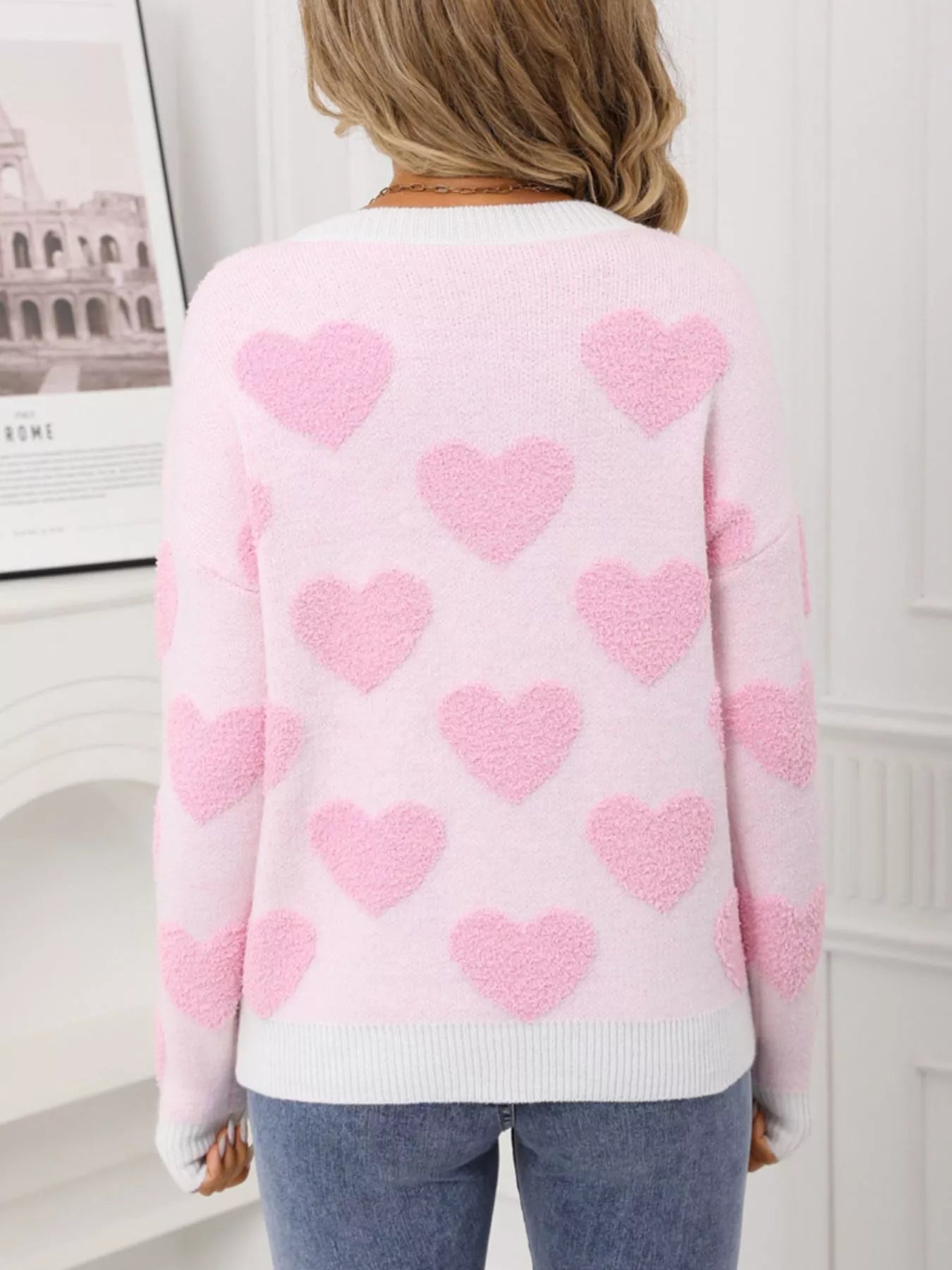 Valentine's Day Heart Pattern Round Neck Sweater