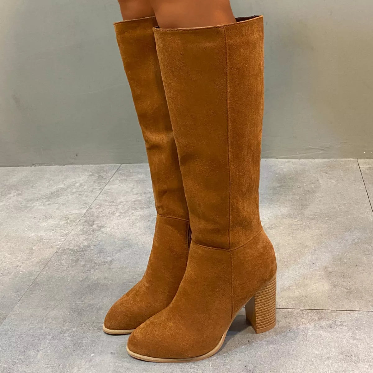 Point Toe Knee-High Suede Block Heel Boots