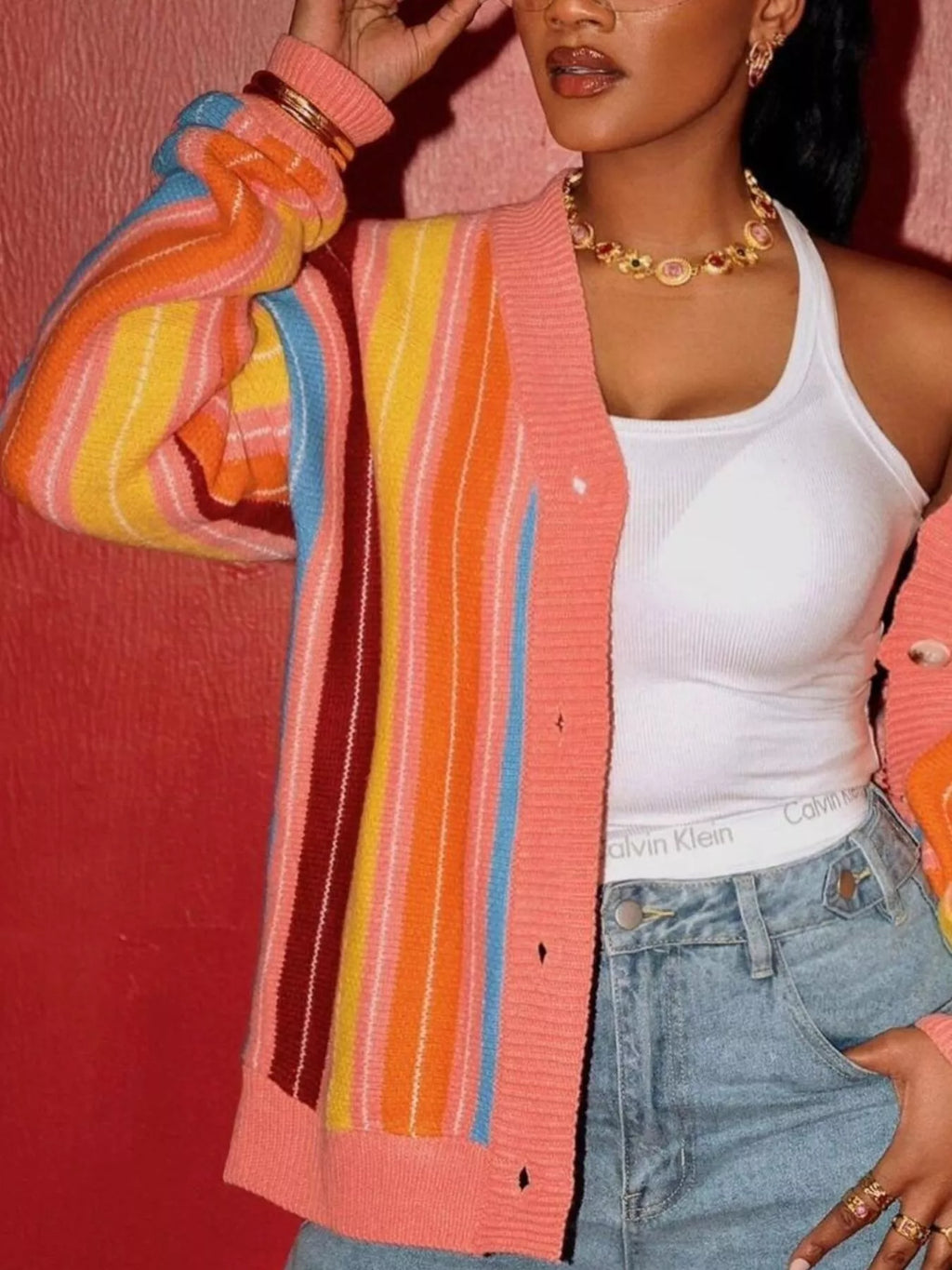 Striped Knit Button Up Cardigan