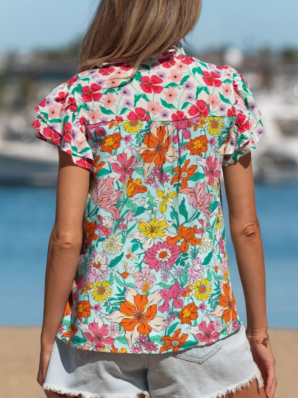 Floral Print Split Neck Button Front Flutter Sleeve Blouse