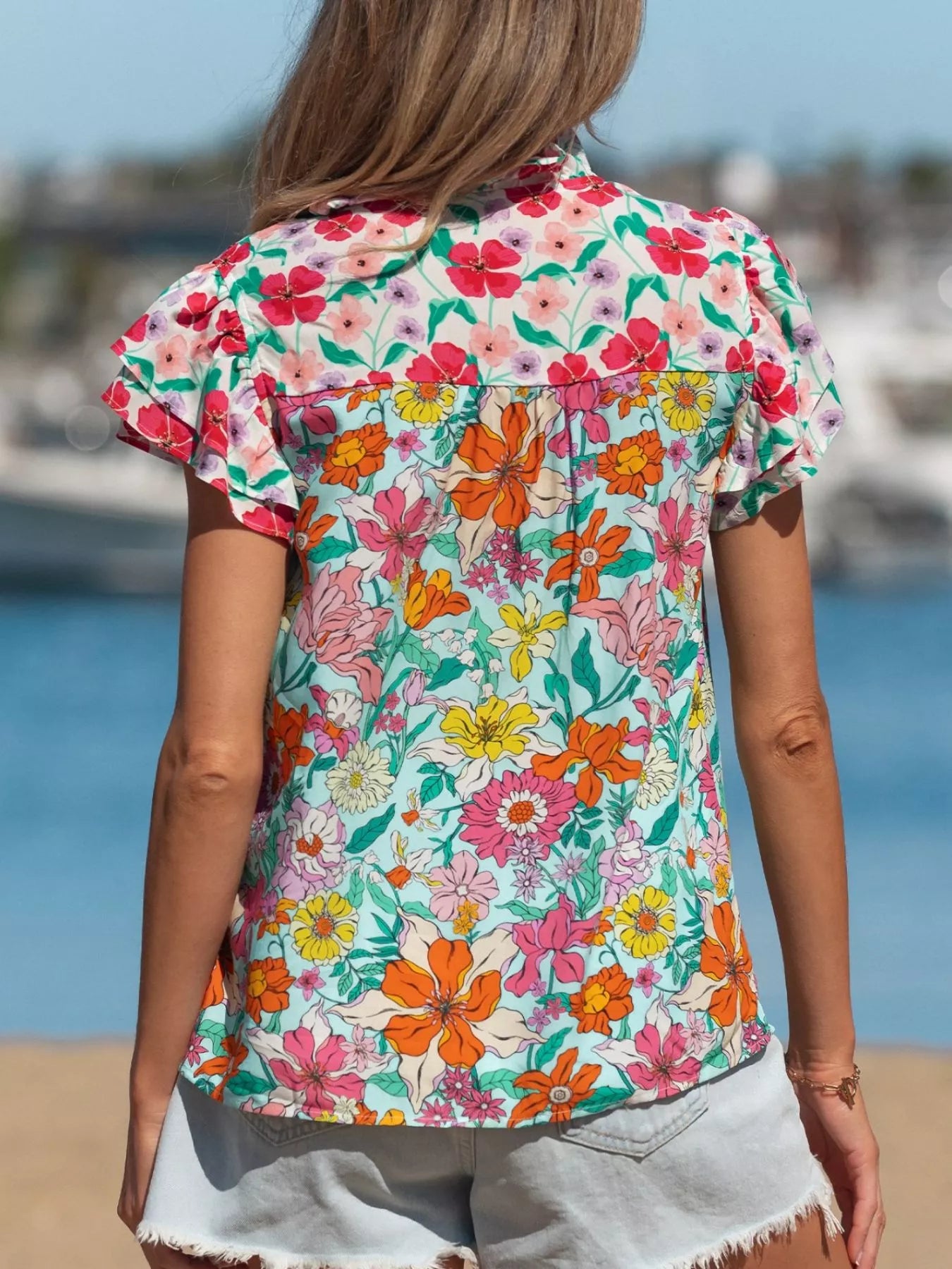 Floral Print Split Neck Button Front Flutter Sleeve Blouse