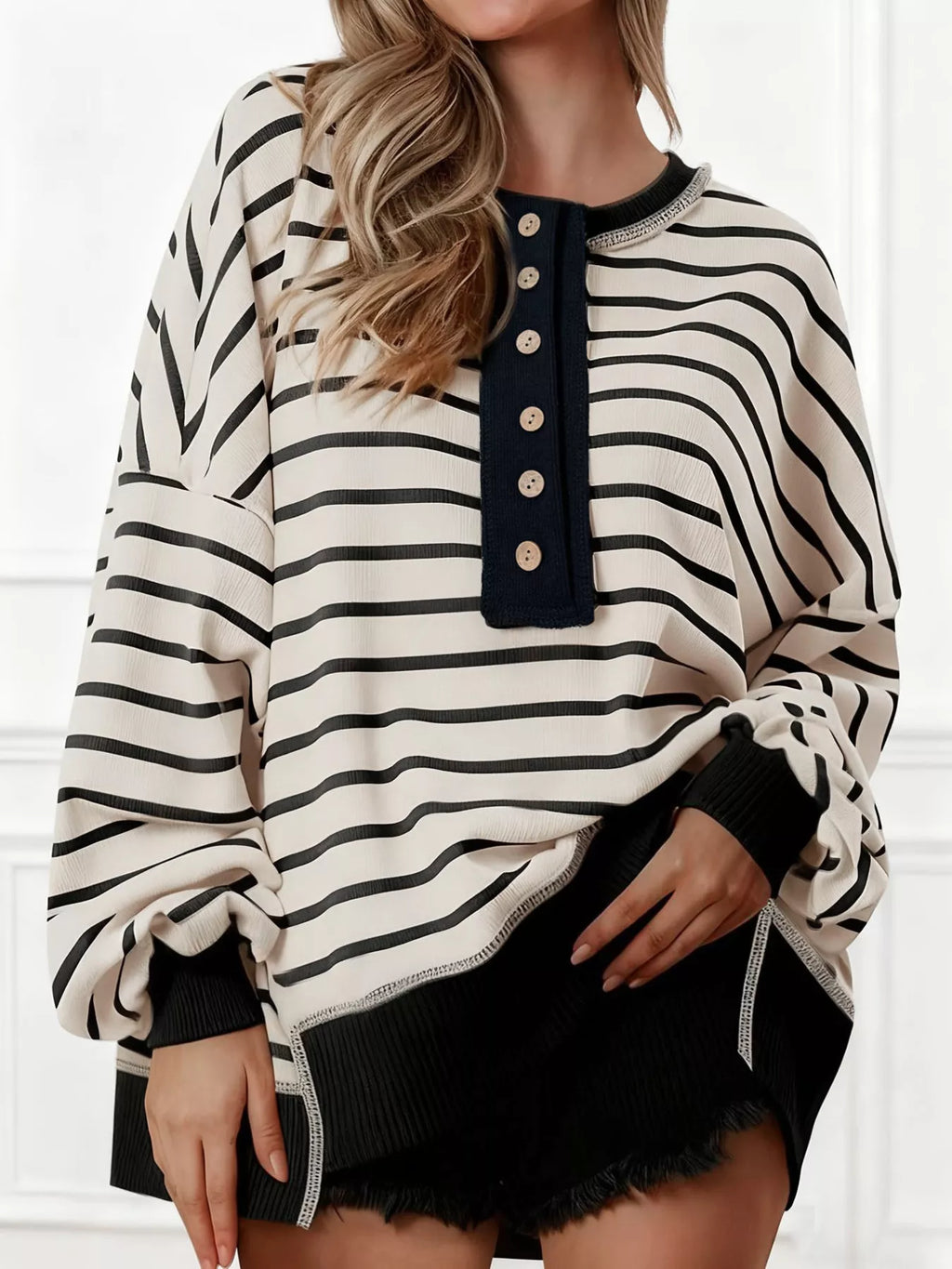 Striped Button Detail Casual Sweatshirt