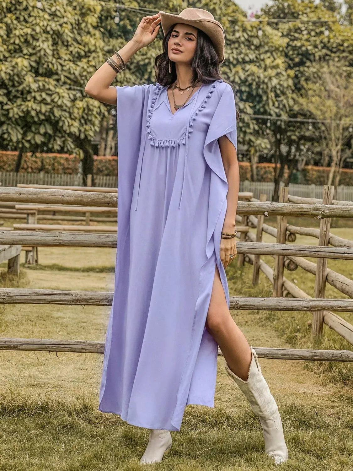 Side Slit Tie Neck Flutter Sleeve Dress
