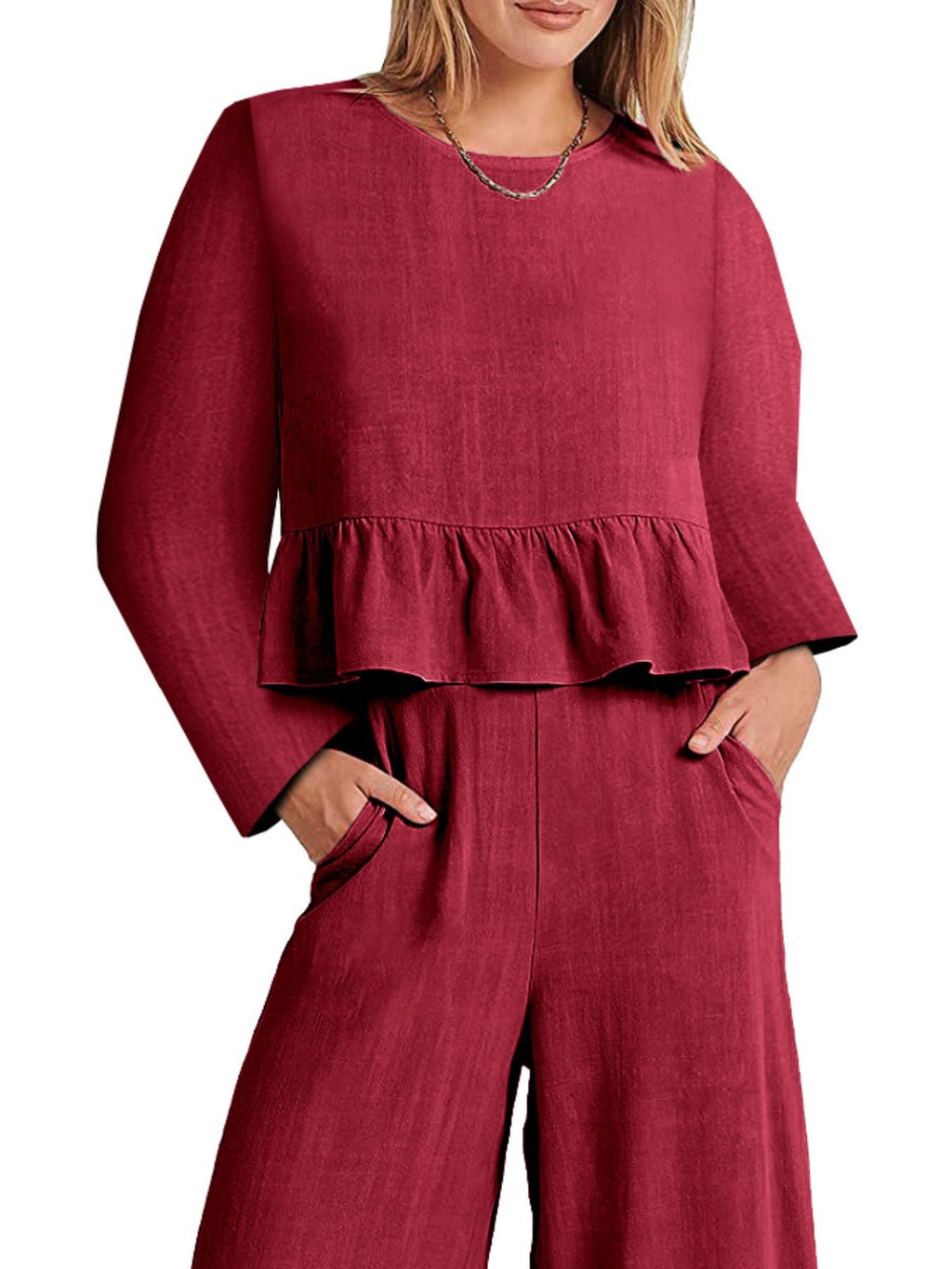 Full Size Ruffled Hem Long Sleeve Top and Pants Set Plus Size
