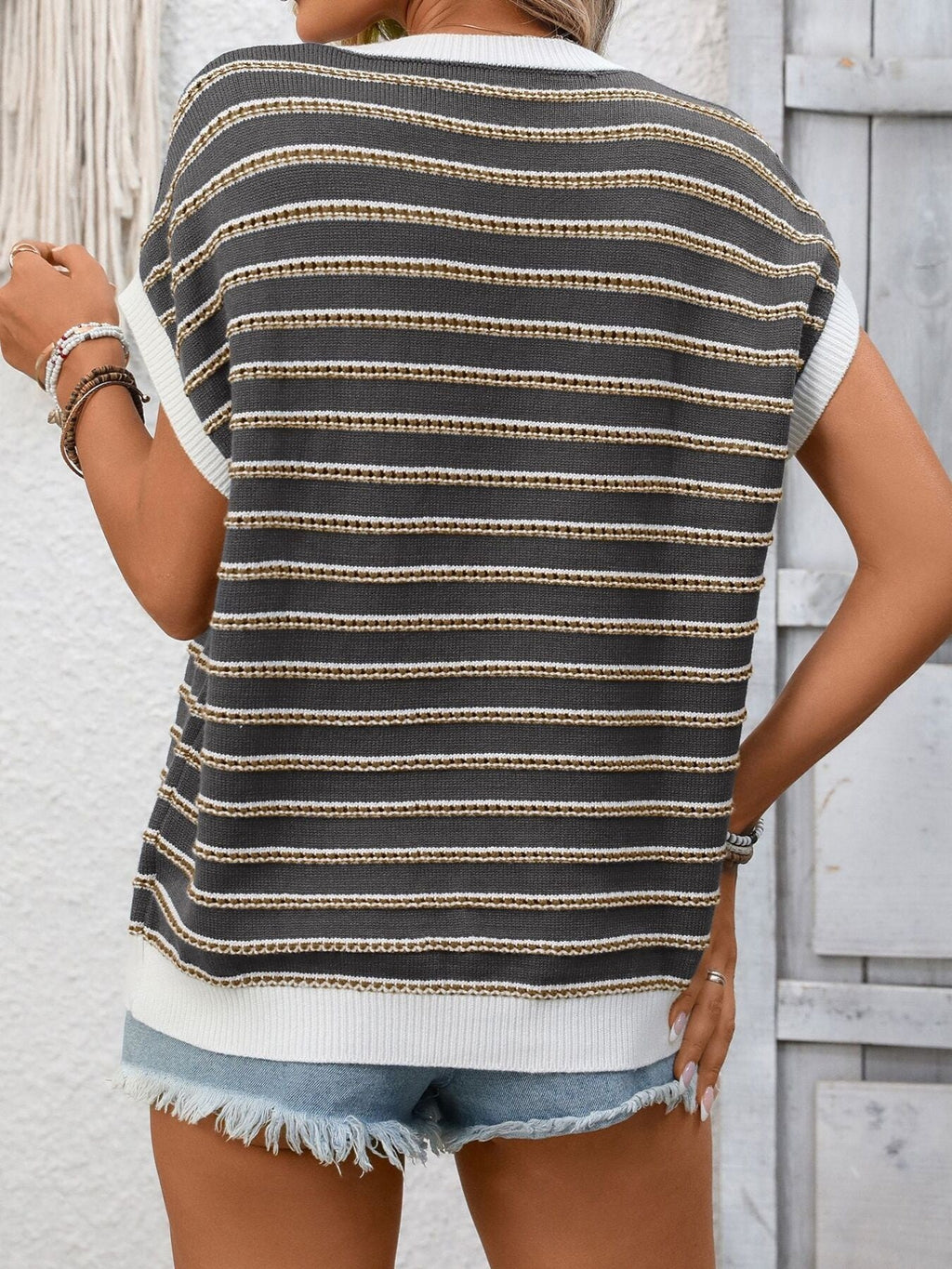 Striped Round Neck Short Sleeve Sweater