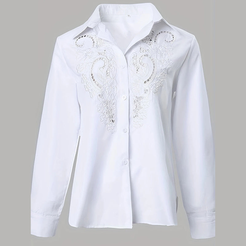 Women’s Contrast Lace Long-Sleeve Button‑Down Blouse