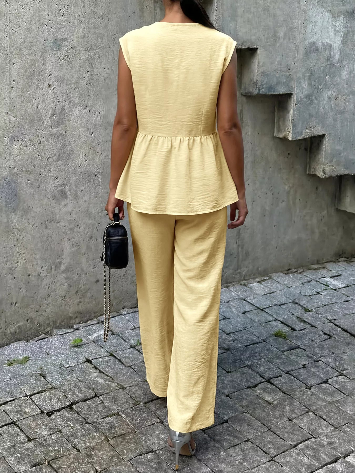 One Button Sleeveless Top and Pants Set