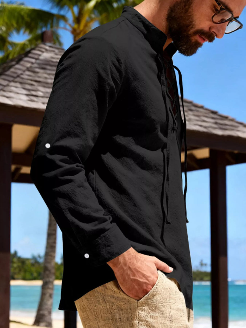 Men's Full Size Casual Lace-Up Linen Shirt Plus Size