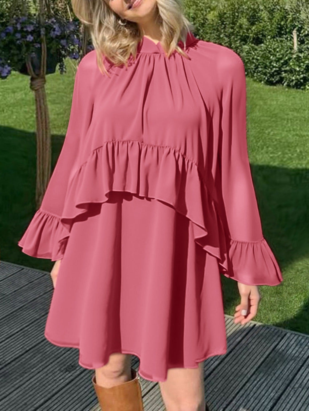 Ruffle Trim High Neck Mini Dress