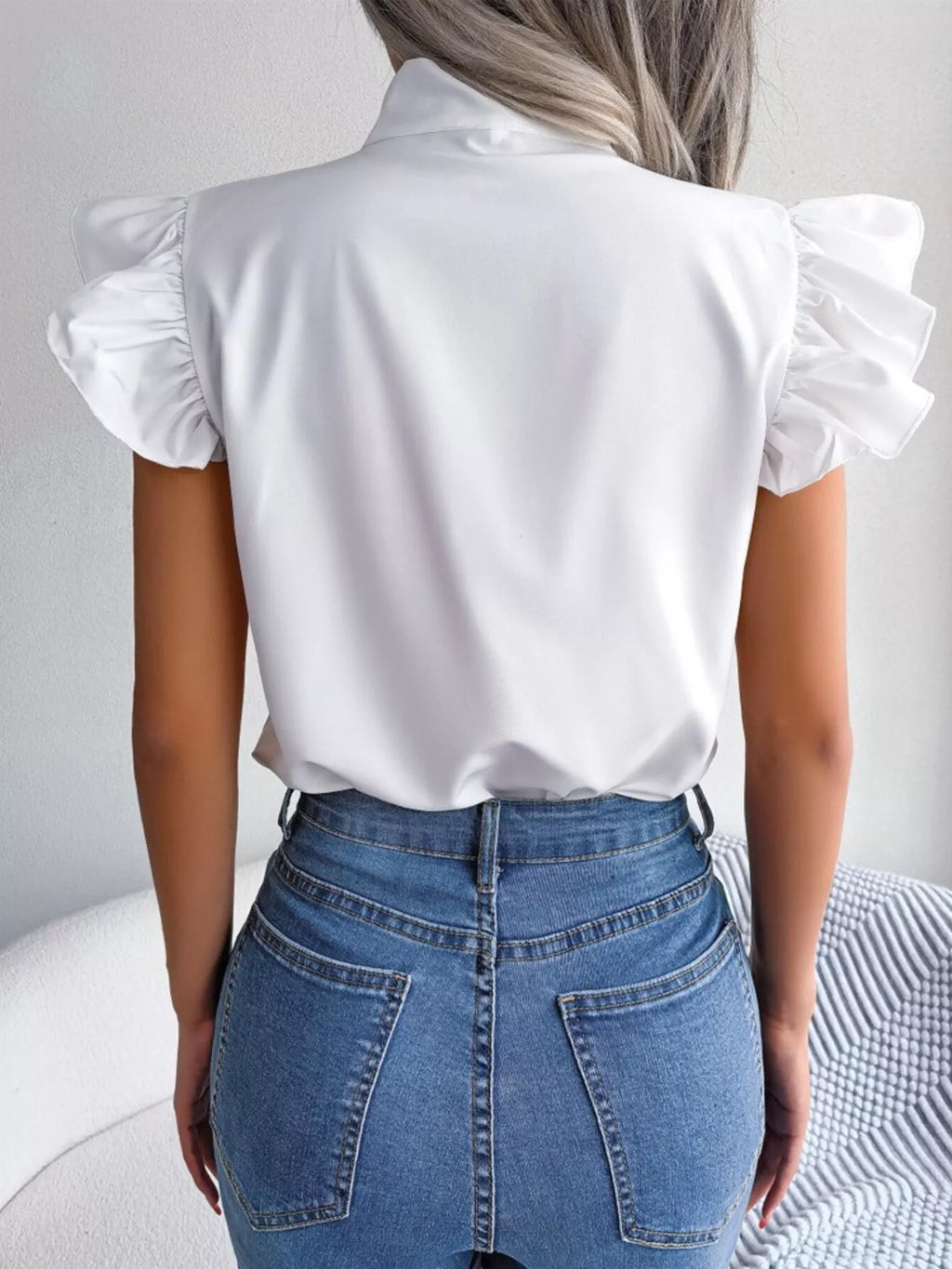 Bow Tie Ruffle Sleeve Blouse