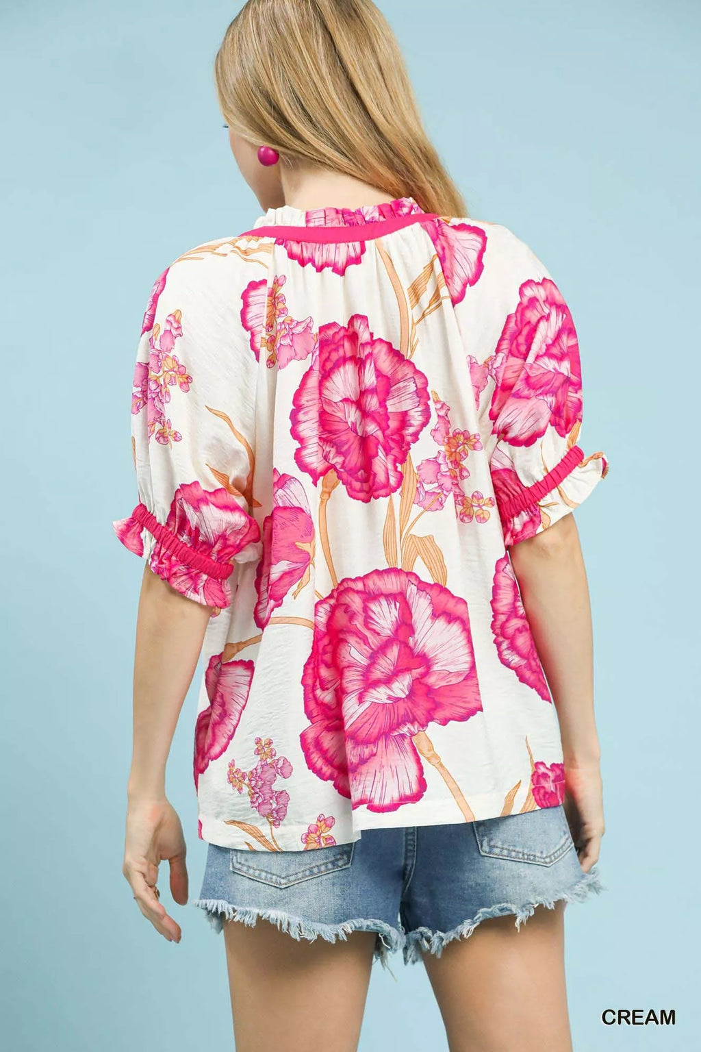 Umgee Floral V-Neck Puff Sleeve Blouse