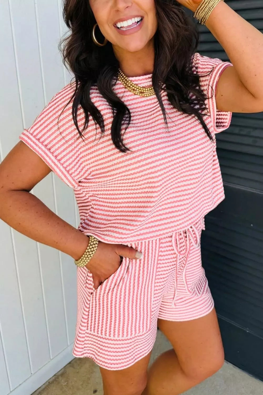 Stripe Breathable Textured Knit Short 2pcs Set