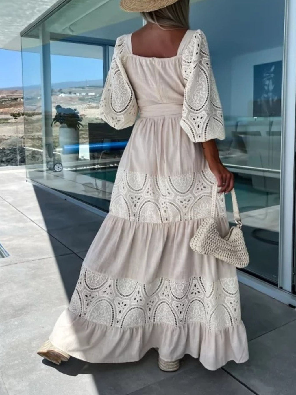 Lace Sleeve Belted Tiered Ruffled Maxi Dress