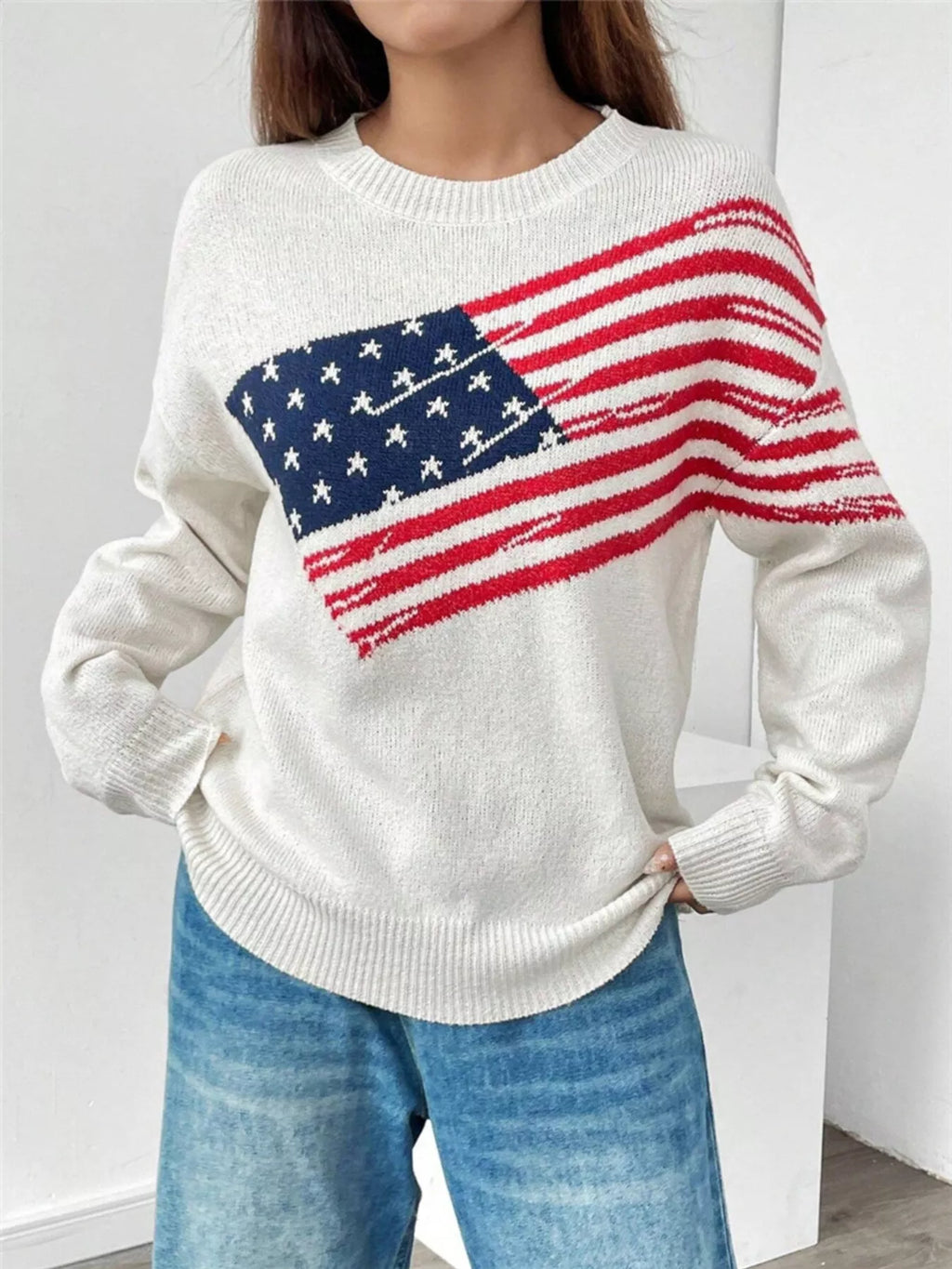 US Flag Round Neck Long Sleeve Sweater