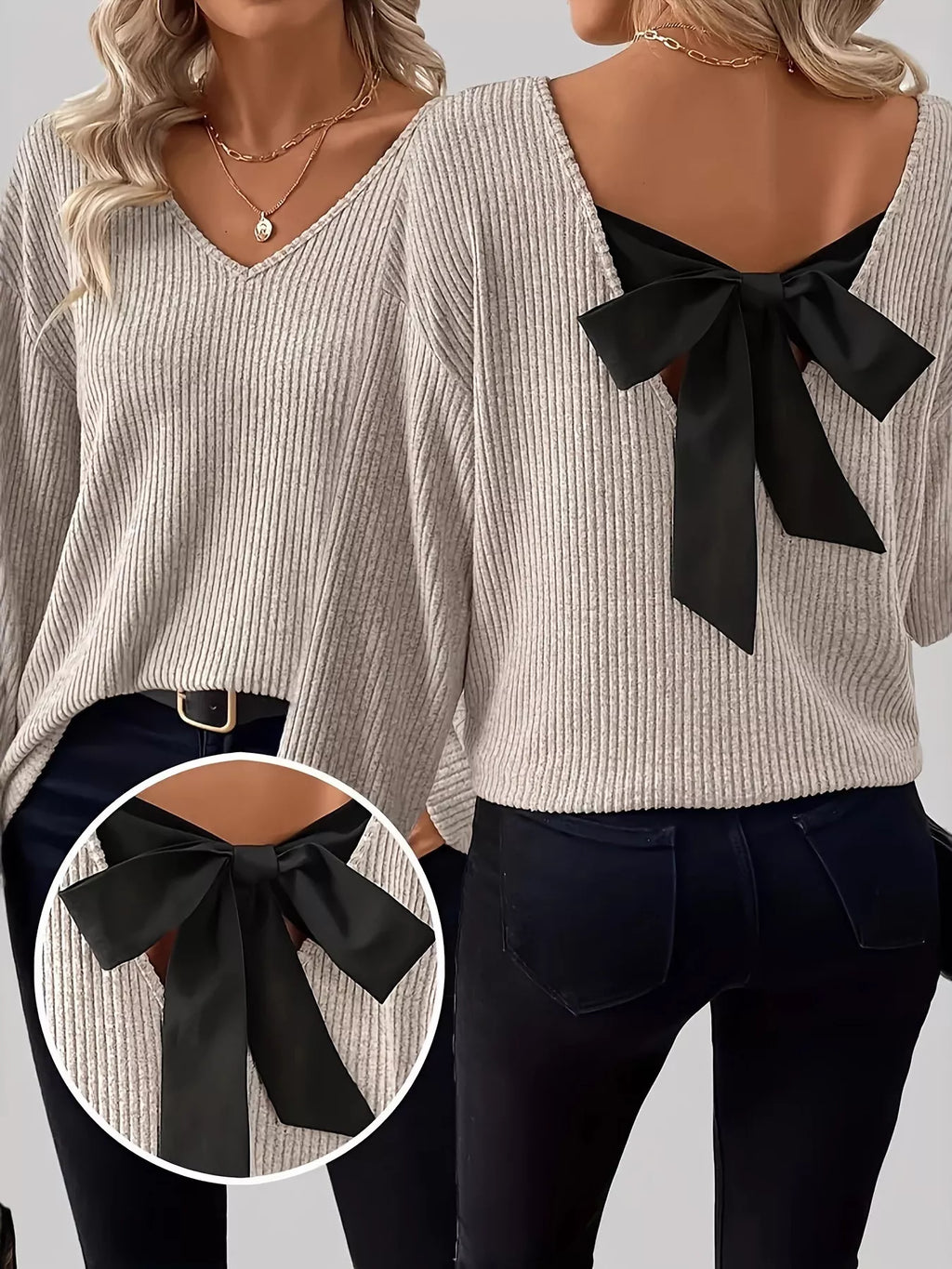 Full Size Ribbed Knit Backless Bow T-Shirt Plus Size