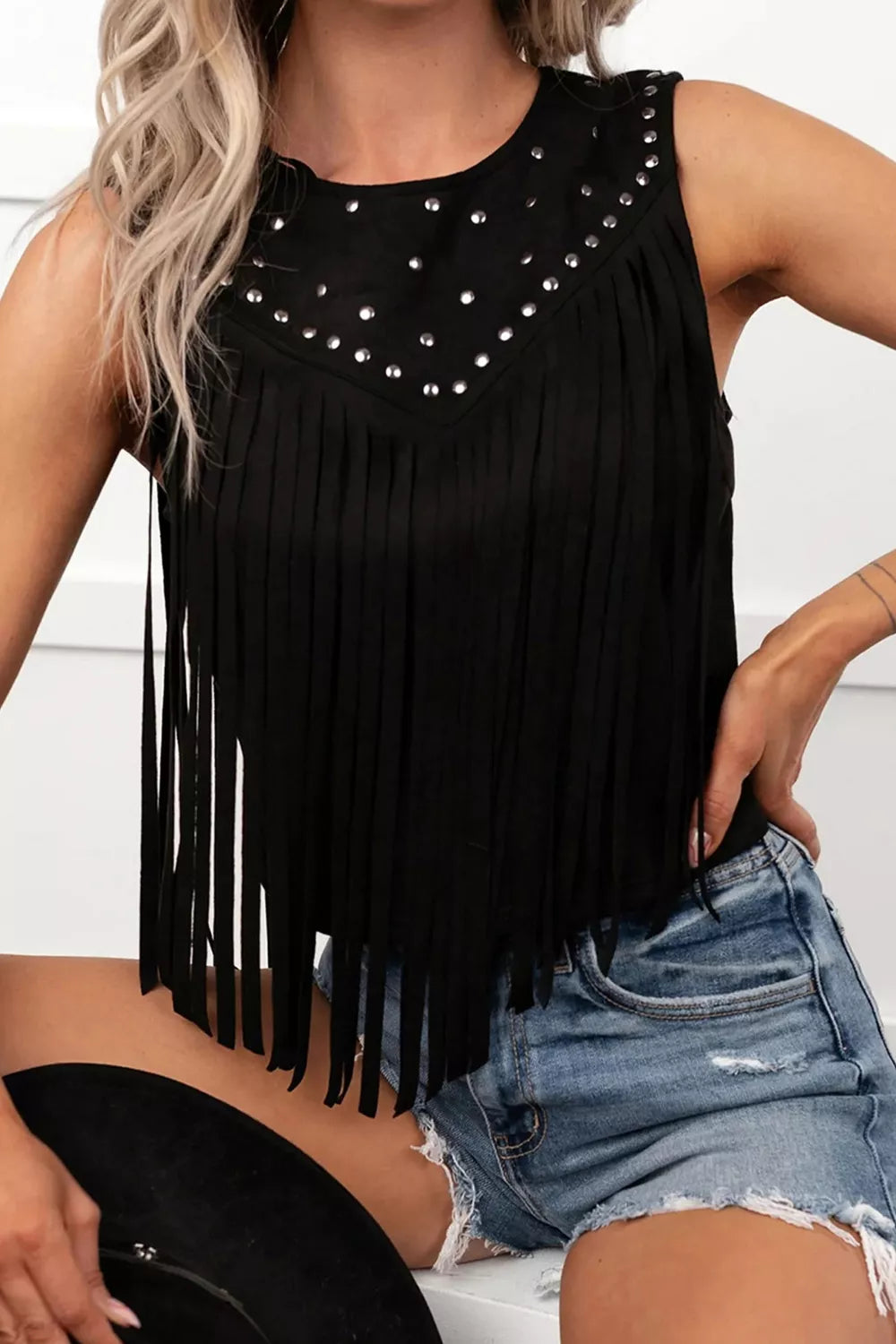 Western Fringe Rivet Paneling Bust Sleeveless Top