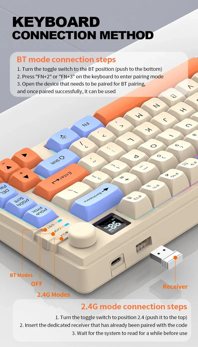 YQT K92™ Wireless Keyboard & Mouse Set – 80% Layout, Bluetooth & 2.4G, Cool Mixed Backlight, Smart Volume Knob, 2000mAh Type-C, English/Spanish/Russian/Arabic/Korean | FlipStylez LLC®