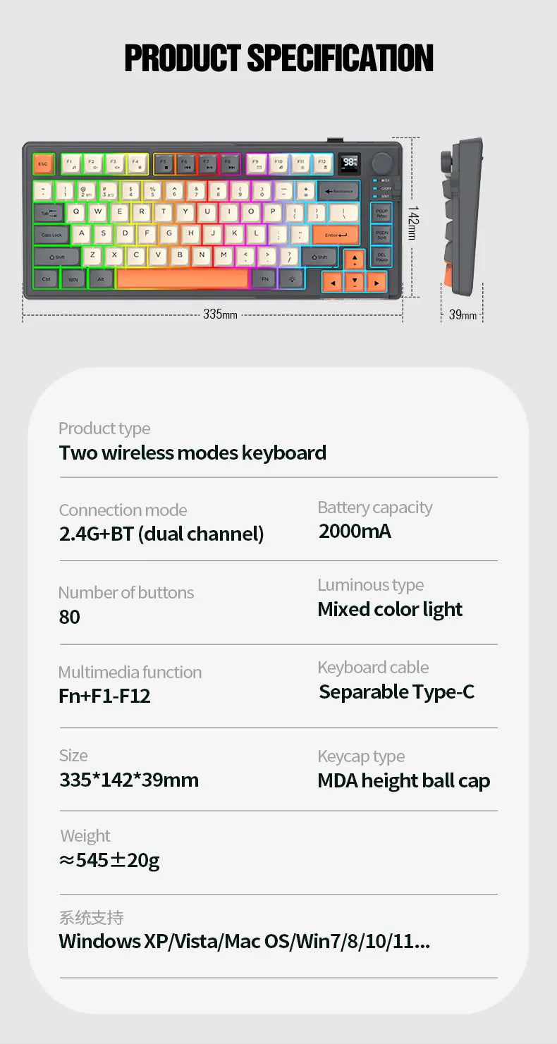 YQT K92™ Wireless Keyboard & Mouse Set – 80% Layout, Bluetooth & 2.4G, Cool Mixed Backlight, Smart Volume Knob, 2000mAh Type-C, English/Spanish/Russian/Arabic/Korean | FlipStylez LLC®