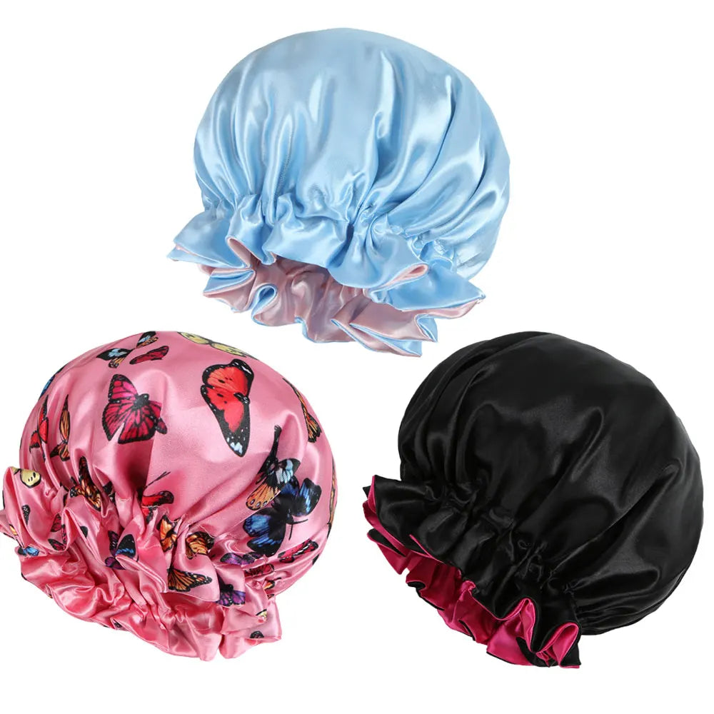 3pcs Reversible Elegant Satin Sleep Bonnets with Ruffled Design