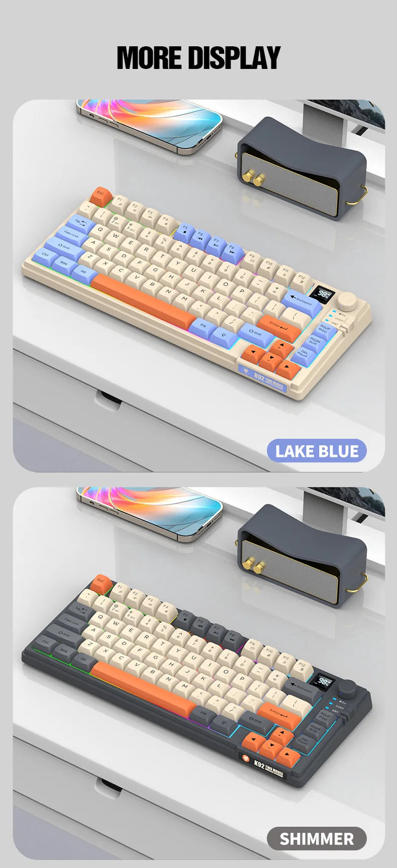 YQT K92™ Wireless Keyboard & Mouse Set – 80% Layout, Bluetooth & 2.4G, Cool Mixed Backlight, Smart Volume Knob, 2000mAh Type-C, English/Spanish/Russian/Arabic/Korean | FlipStylez LLC®