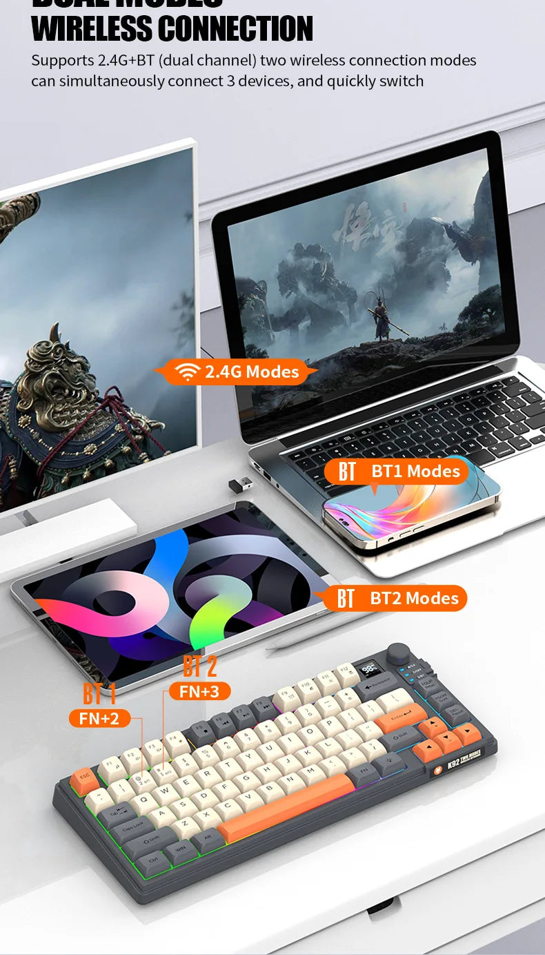 YQT K92™ Wireless Keyboard & Mouse Set – 80% Layout, Bluetooth & 2.4G, Cool Mixed Backlight, Smart Volume Knob, 2000mAh Type-C, English/Spanish/Russian/Arabic/Korean | FlipStylez LLC®