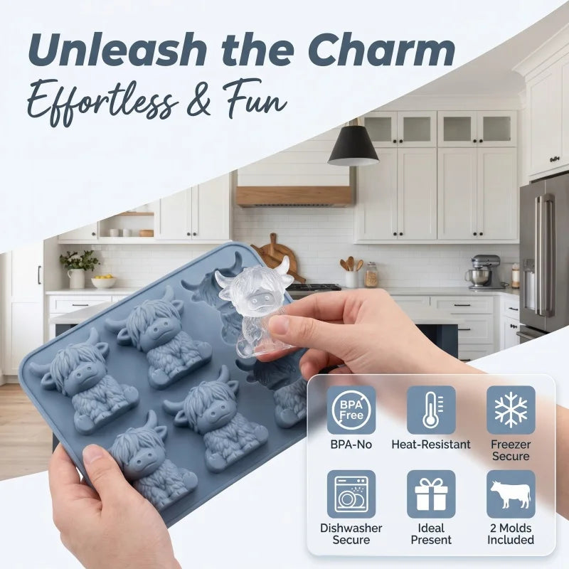 6‑Cavity Highland Cow Ice Cube Mold Food‑Grade Silicone 3D Cow Ice Tray Reusable Ice Maker Mould for Whiskey Cocktail Drinks Chocolate Candy