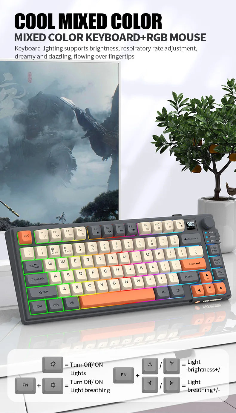 YQT K92™ Wireless Keyboard & Mouse Set – 80% Layout, Bluetooth & 2.4G, Cool Mixed Backlight, Smart Volume Knob, 2000mAh Type-C, English/Spanish/Russian/Arabic/Korean | FlipStylez LLC®