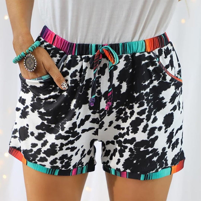 New Shorts Leopard Print Stitching Sports Casual Waist Elastic Shorts Women