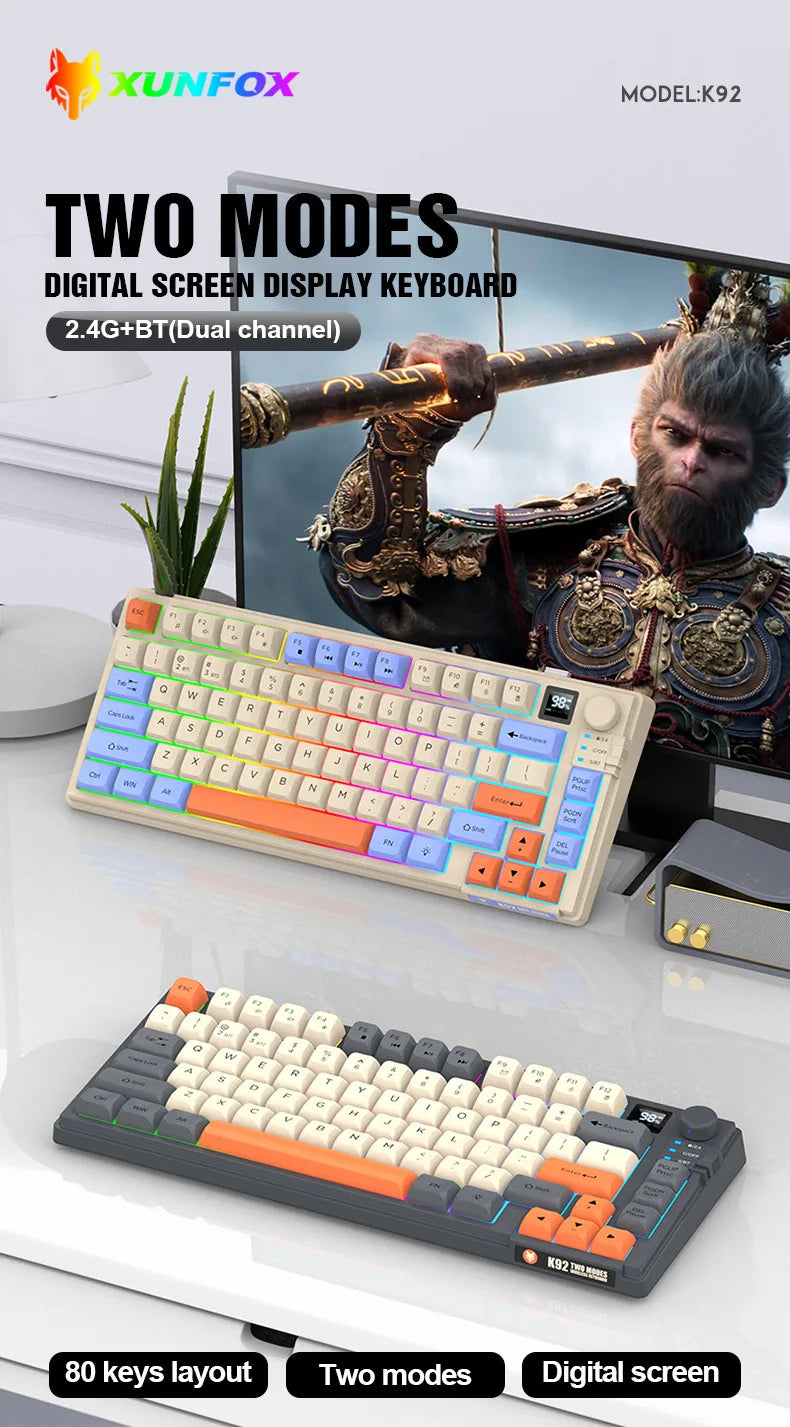 YQT K92™ Wireless Keyboard & Mouse Set – 80% Layout, Bluetooth & 2.4G, Cool Mixed Backlight, Smart Volume Knob, 2000mAh Type-C, English/Spanish/Russian/Arabic/Korean | FlipStylez LLC®