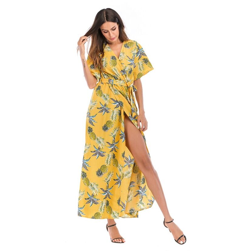 Dress Short Sleeve A Line  Floral Print Chiffon Deep V-Neck Split Sexy Women Summer Dresses Bohemian Beach Elegant Party Vestido