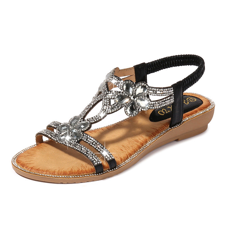Women Shoes New Style Rhinestone Flower Sandals Large Size Women's Sandals Travel Wedge Shoes