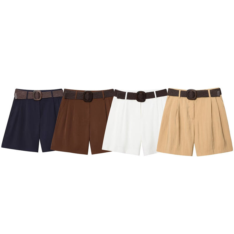 Fashionable Casual Pleated Shorts with Belt for Women