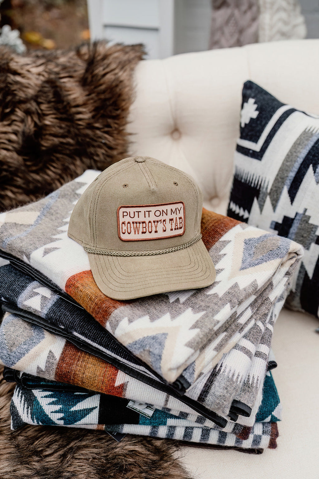 PUT IT ON MY COWBOY'S TAB Embroidered Patch on Corduroy Hat