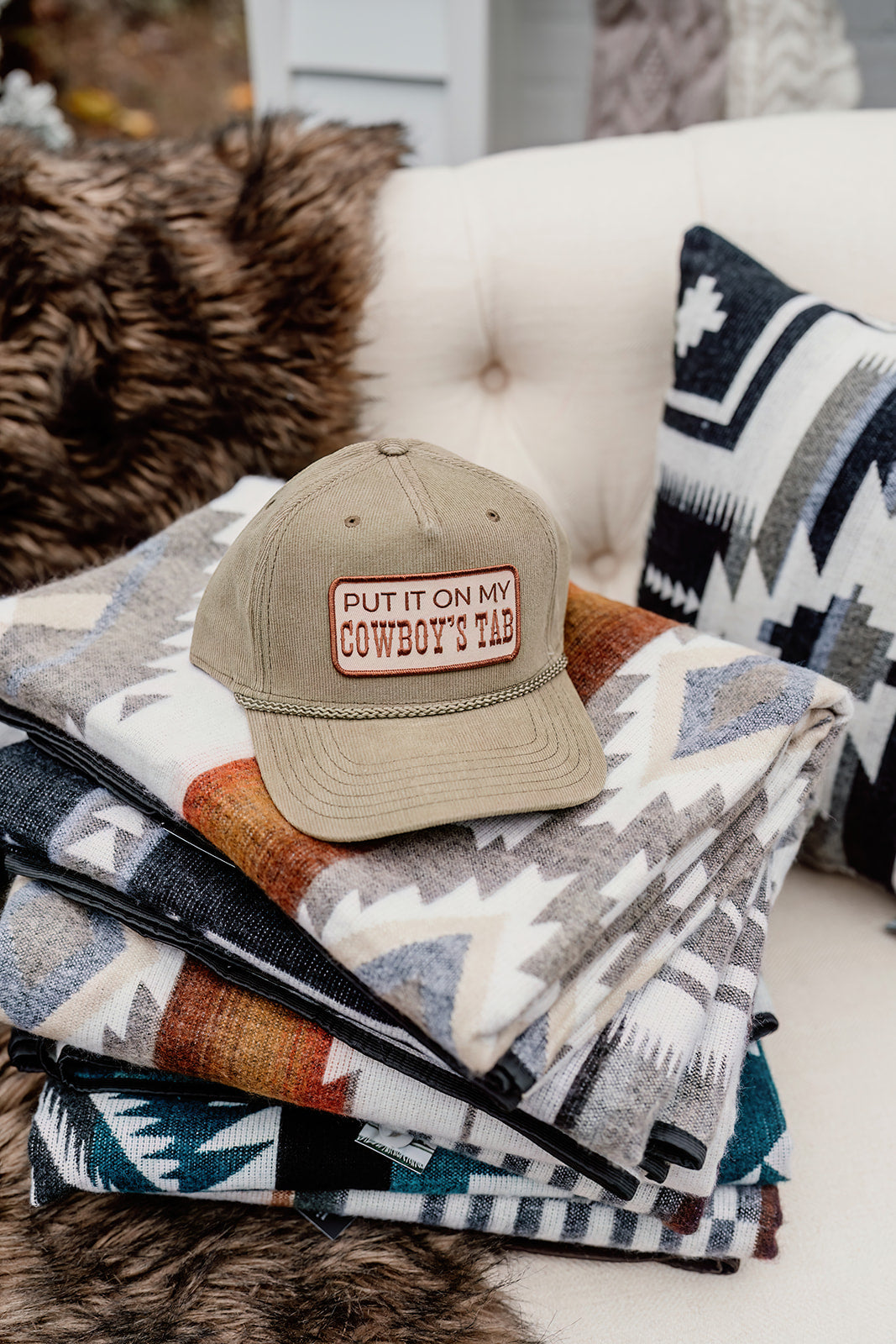 PUT IT ON MY COWBOY'S TAB Embroidered Patch on Corduroy Hat