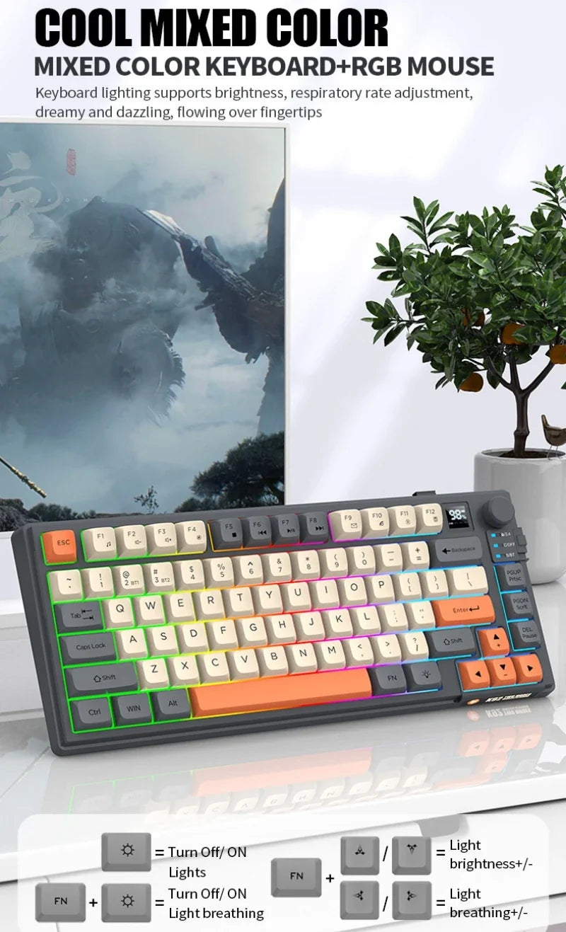 YQT K92™ Wireless Keyboard & Mouse Set – 80% Layout, Bluetooth & 2.4G, Cool Mixed Backlight, Smart Volume Knob, 2000mAh Type-C, English/Spanish/Russian/Arabic/Korean | FlipStylez LLC®