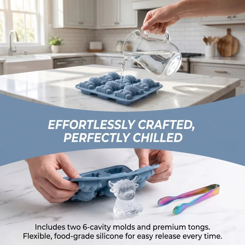 6‑Cavity Highland Cow Ice Cube Mold Food‑Grade Silicone 3D Cow Ice Tray Reusable Ice Maker Mould for Whiskey Cocktail Drinks Chocolate Candy