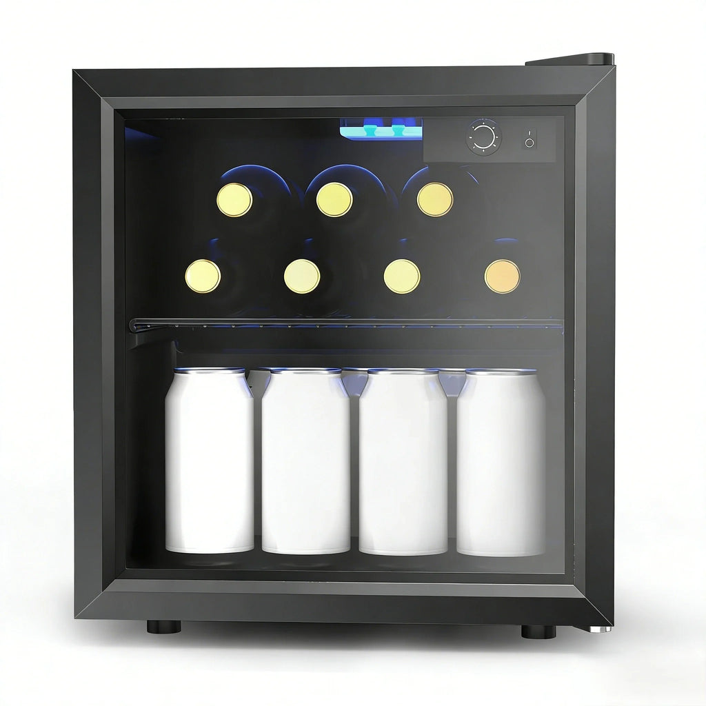 EKOJUCE  Mini Fridge with Glass Door | Countertop Beverage Cooler for Beer, Drinks, Wines with Adjustable Shelves and Blue LED Light for Home, Office, Dorm, Bar