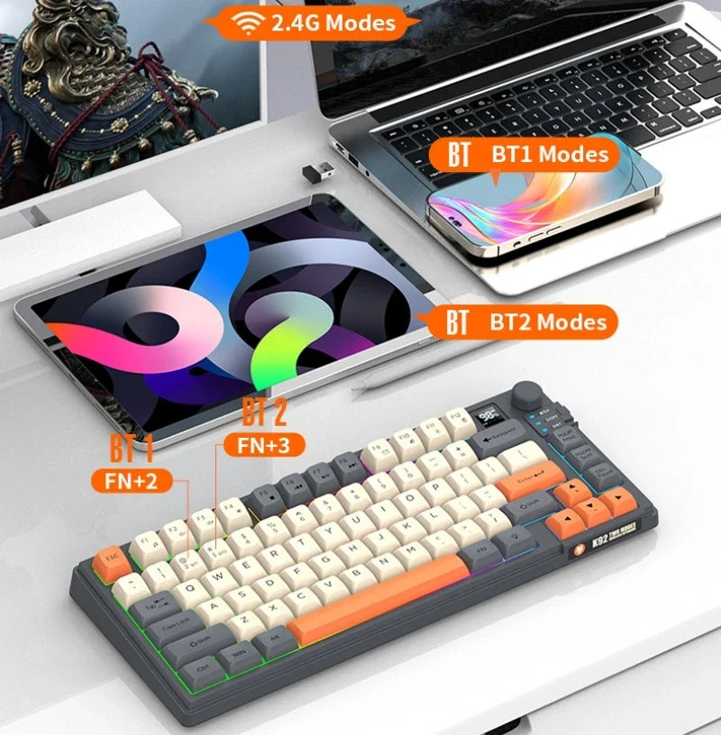 YQT K92™ Wireless Keyboard & Mouse Set – 80% Layout, Bluetooth & 2.4G, Cool Mixed Backlight, Smart Volume Knob, 2000mAh Type-C, English/Spanish/Russian/Arabic/Korean | FlipStylez LLC®