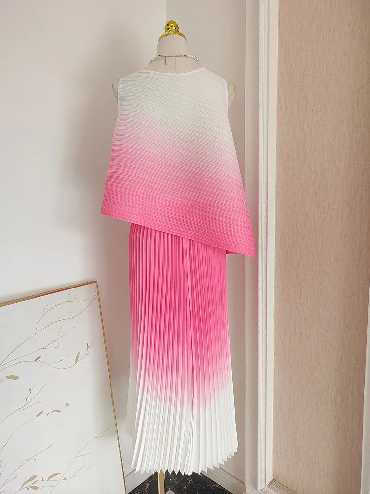 Women Summer Fashion Gradient Color 2 Pieces Dress Sets Chic Stretchy Pullover Tops & Midi Pleated Skirt Outfits