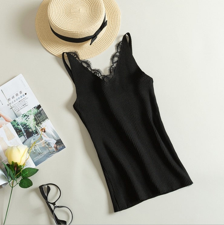 Women Hook Flower Lace Tank solid Stitching V-neck Camis Female Knitted Short Slim Sleeveless Shirt Tank Casual Tops