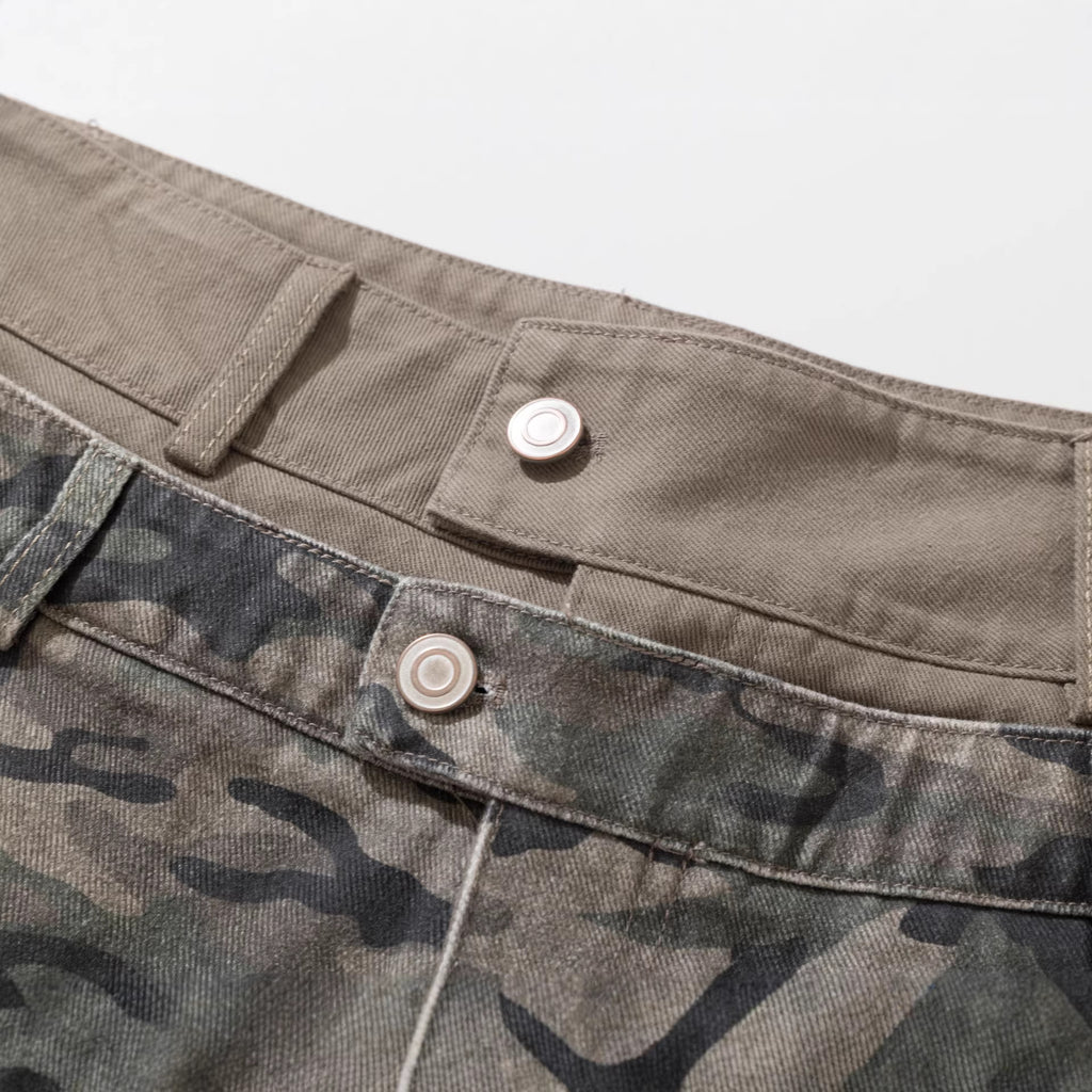 Camouflage double-layer waist low waisted denim shorts for women