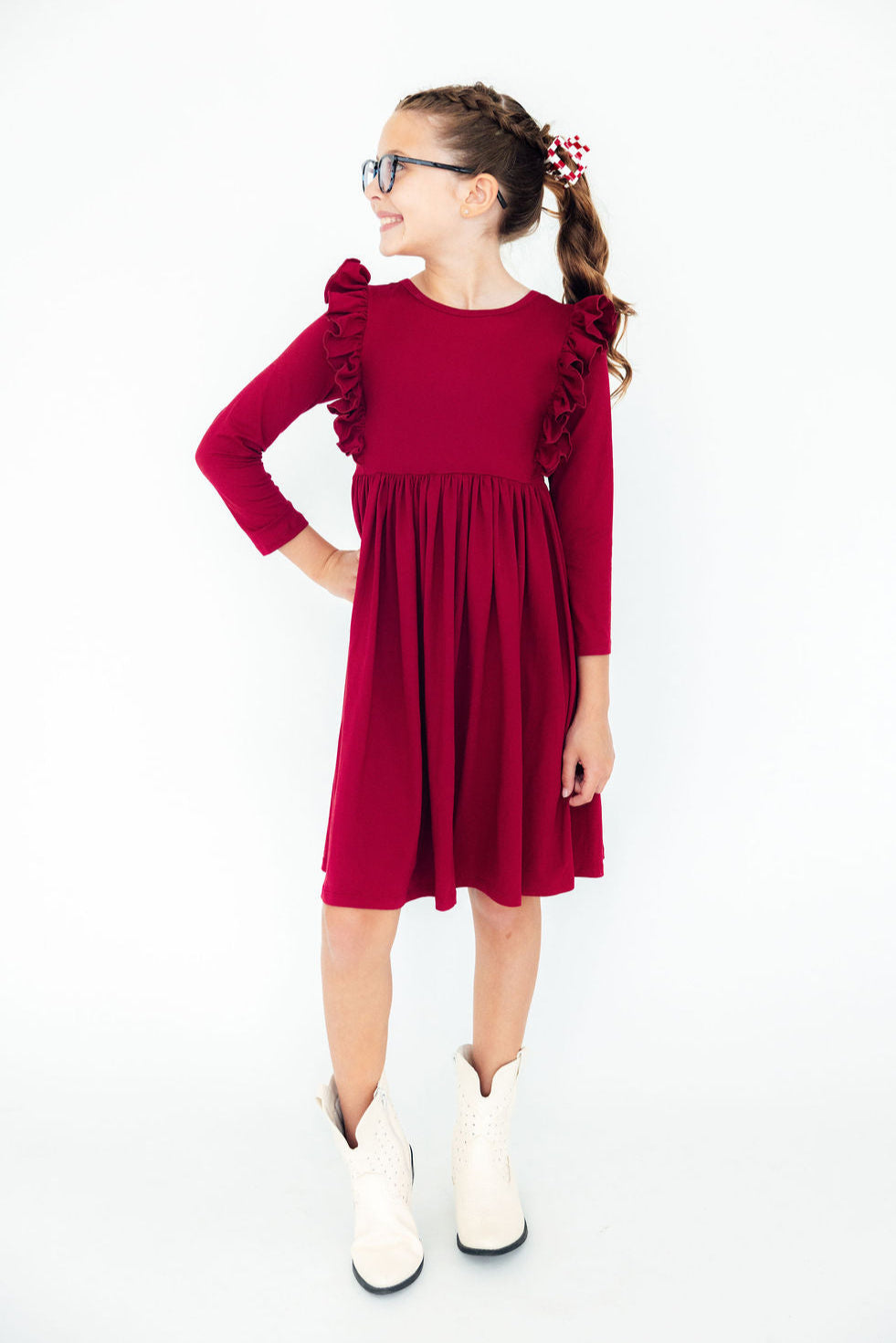 Burgundy L/S Ruffle Twirl Dress