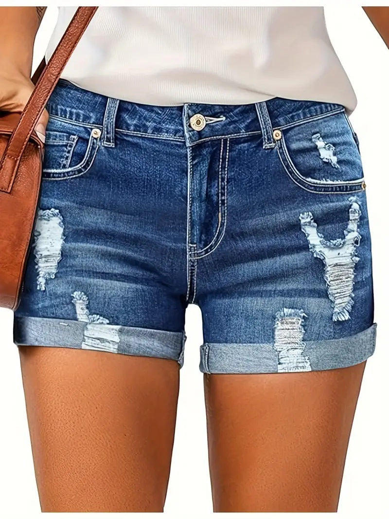 Elastic Hole Denim Shorts for Women, Casual High Waist Denim Shorts