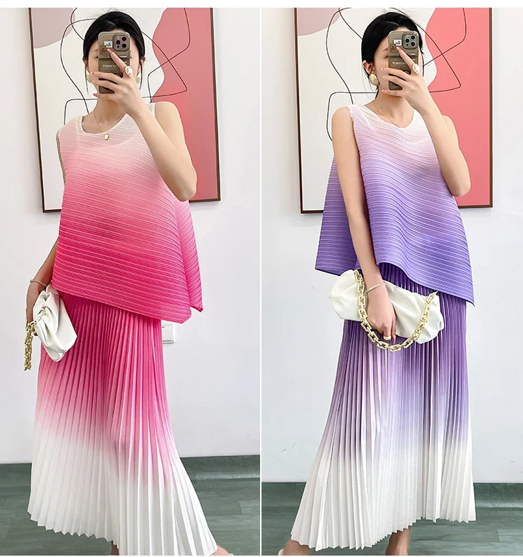 Women Summer Fashion Gradient Color 2 Pieces Dress Sets Chic Stretchy Pullover Tops & Midi Pleated Skirt Outfits