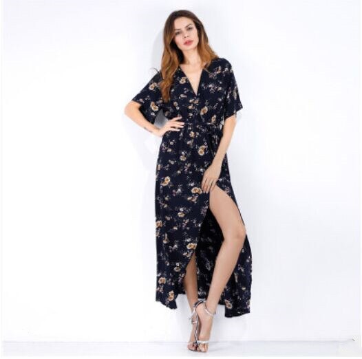 Dress Short Sleeve A Line  Floral Print Chiffon Deep V-Neck Split Sexy Women Summer Dresses Bohemian Beach Elegant Party Vestido
