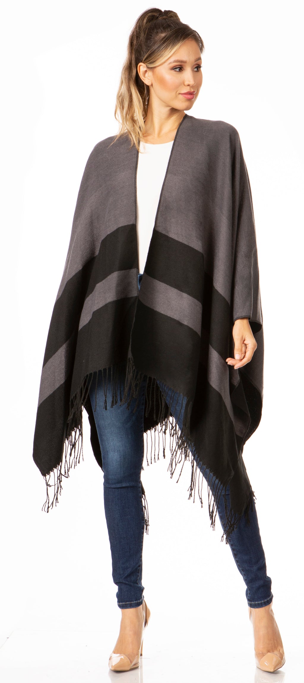 Sakkas Avi Women's Reversible Open Front Poncho Cardigan Ruana Cape Shawl W/Fringe